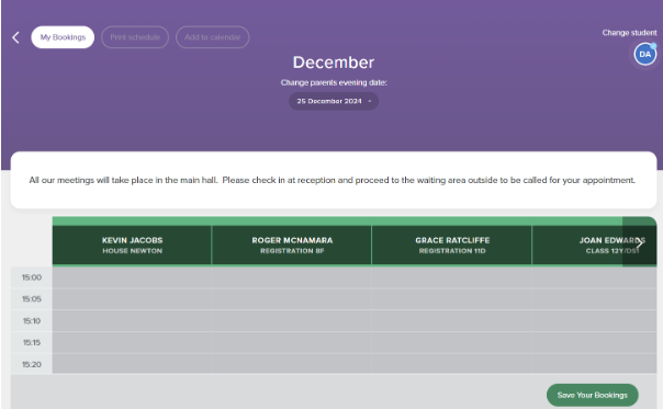 Screenshot of the parents' evening booking screen, displaying the 'Save Your Bookings' button in the bottom-right corner.